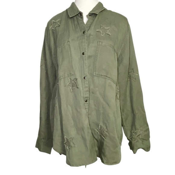 Rails Tops - Rails Linen Marcel Sage with Stars Shirt Jacket Long Sleeve Button Down Green